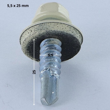 1 x Selbstbohrende Schrauben Sechskantkopf 5,5 x 25 Scheibe mit EPDM Neopren-Dichtung Verzinkt RAL1015 hellelfenbein