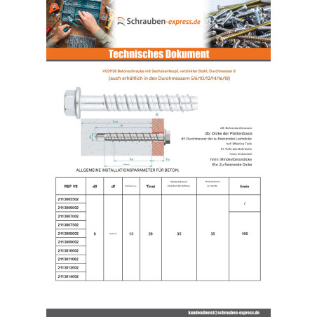 1 x Betonschraube Sechskantkopf Kreuzschlitz mit Flansch T13 8x70 Verzinkt
