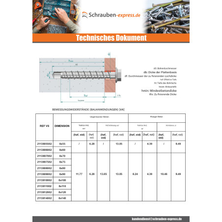 1 x Betonschraube Sechskantkopf Kreuzschlitz mit Flansch T13 8x70 Verzinkt