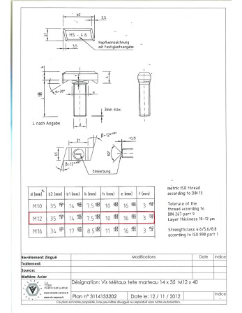 1 x Metallschrauben Hammerkopf M12x40 14x35...
