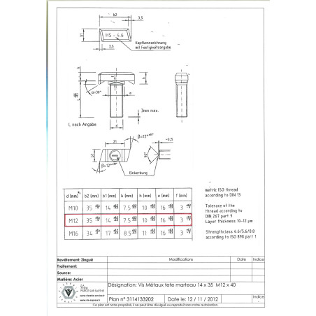 1 x Metallschrauben Hammerkopf M12x40 14x35 Verzinkt