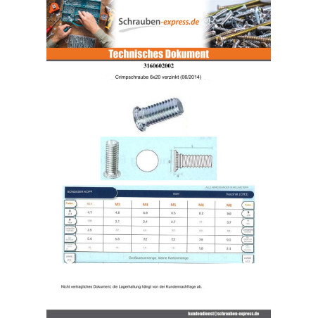 1 x Schraube Nieten M6x20 Verzinkt