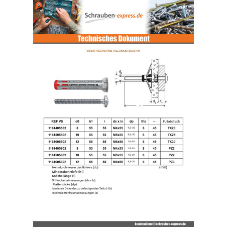 1 x Dübel Metallisch Fischer DUOHM 6X55 TX