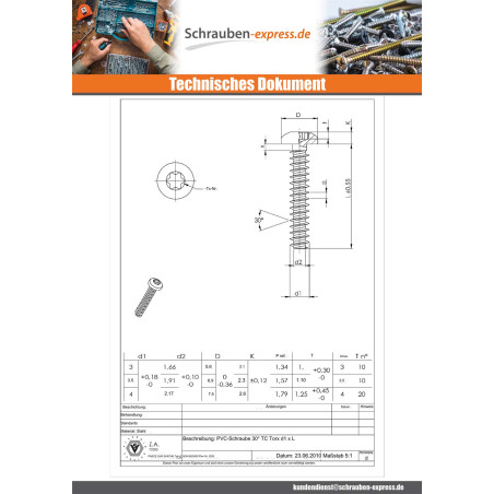 1 x Schraube PVC Zylindrischer Flachkopf T10 3,5X10 Verzinkt