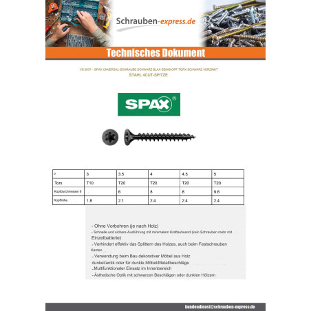1 x Spax Holzschraube Senkkopfschraube T20 3,5X30 Mit Gewinde 25 Stahl schwarz verzinkt
