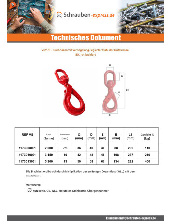 1 x Drehwirbelhaken mit Verriegelung Grad 80 8...