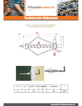 1 x Dübel Nylon 8x40 Mit Haken DURCHSCHNITT...