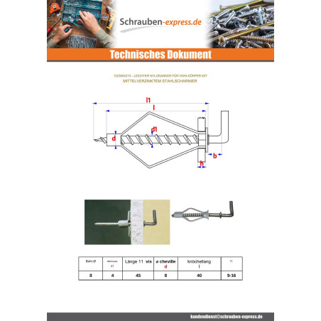 1 x Dübel Nylon 8x40 Mit Haken DURCHSCHNITT Kreuzschlitz 4x45