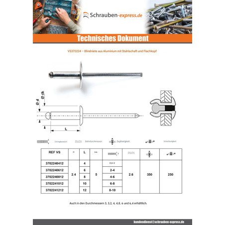 1 x Blindniete Aluminio Vástago acero 2,4 x 12 Klemmdicke 8 für 10 Standard-Rundkopf ALX