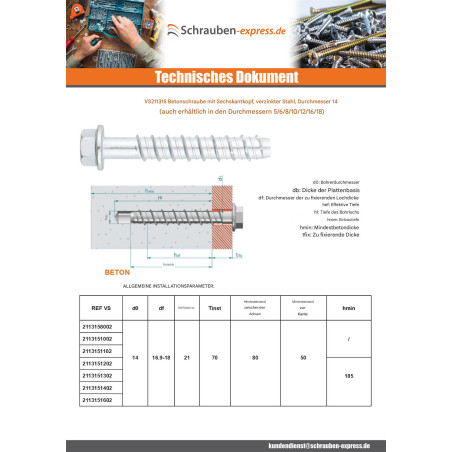 1 x Betonschraube Sechskantkopf Kreuzschlitz mit Flansch T21 14x160 Verzinkt