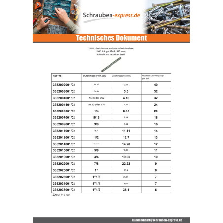 1 x Gewindestange 1 1/4" Länge 3 Fuß 90 cm UNC Rohstahl