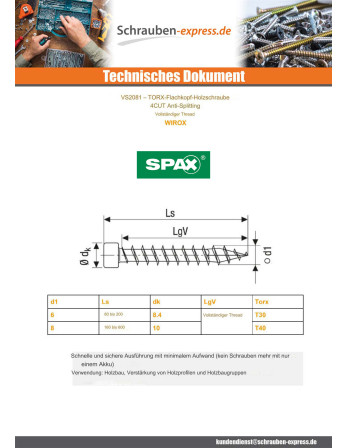 1 x Spax Zylindrischer Flachkopf 6X160 T30+...