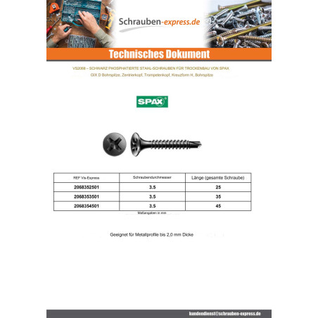 1 x Schraube für Gipsplatte Spax 3,5X45 Metallphosphat GIX-D