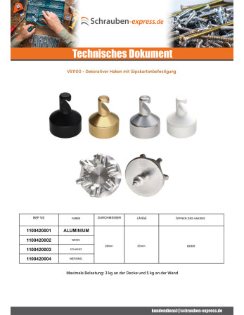 1 x Haken dekorativ Aluminium Weiß mit...
