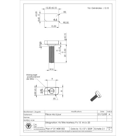 1 x Metallschrauben Hammerkopf M6x20 20x12 Klasse 8.8 Verzinkt