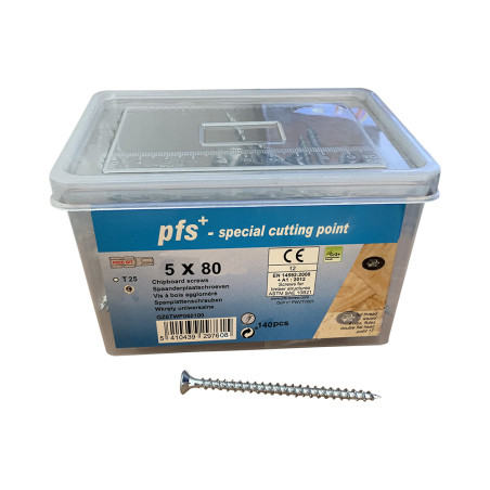 1 x Eimer 140 Spanplattenschraube 5X80 Senkkopf T25 cut Bohrspitze mit Typ 17 Spitze Verzinkt