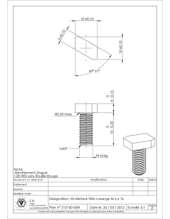 1 x Metallschrauben Kopf Raute M6x16 Verzinkt...