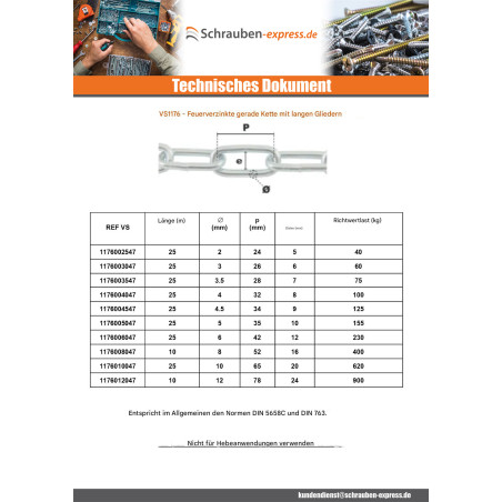 1 x M Kette Gerade mit Langgliedern 6 mm (Meterware) Hohe Korrosionsbeständigkeit Stahl feuerverzinkt