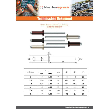 1 x Blindniete Aluminio Vástago acero 3,2 x 8 Klemmdicke 3 für 5 Standard-Rundkopf RAL8017 schokoladenbraun