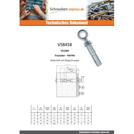1 x Dübel BOZELENANKER Mit Ringschraube M10 16x60 Verzinkt