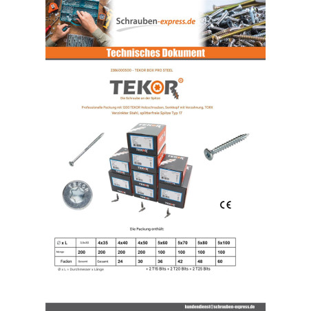 1 x TEKOR PACK PRO 1200 Schraube Senkkopfschraube Gezahnt TORX Verzinkt
