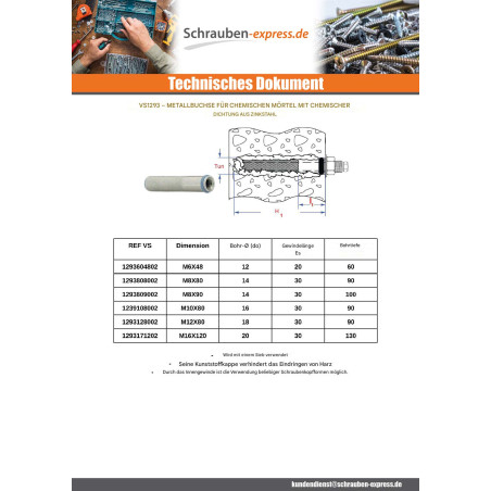 1 x Metallhülse für Injektionsmörtel M10X80 Verzinkt