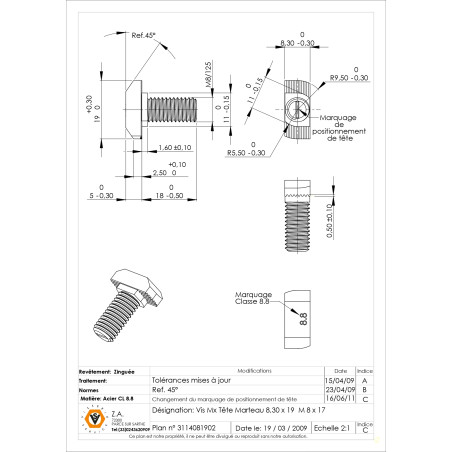 1 x Metallschrauben Hammerkopf M8/17 8,3 x 19 Klasse 8.8 Verzinkt
