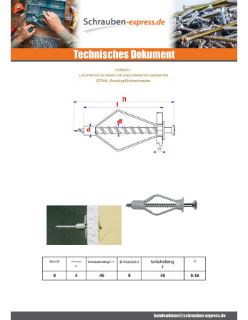 1 x Dübel Nylon 8x40 Mit Holzschraube...