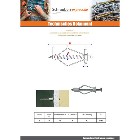 1 x Dübel Nylon 8x40 Mit Holzschraube Senkkopfschraube 4x45