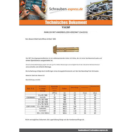 1 x Metallbolzen RKT 8x60 M6 Verzinkt
