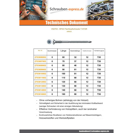 1 x Spax Schraube VERORDNUNG Flachkopf T-STAR T30 6X140 Mit Gewinde 68 WIROX