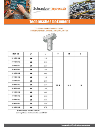 1 x Metallschrauben Hammerkopf M8X50 für 28/15...