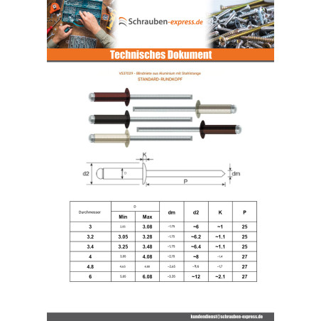 1 x Blindniete Aluminio Vástago acero 3,4 x 11 Standard-Rundkopf RAL8017 schokoladenbraun
