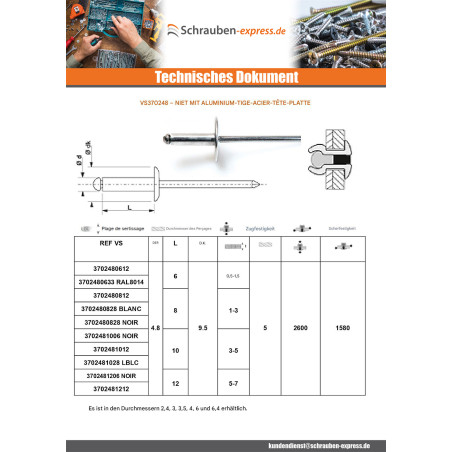 1 x Blindniete Aluminio Vástago acero 4,8 x 45 Standard-Rundkopf AL