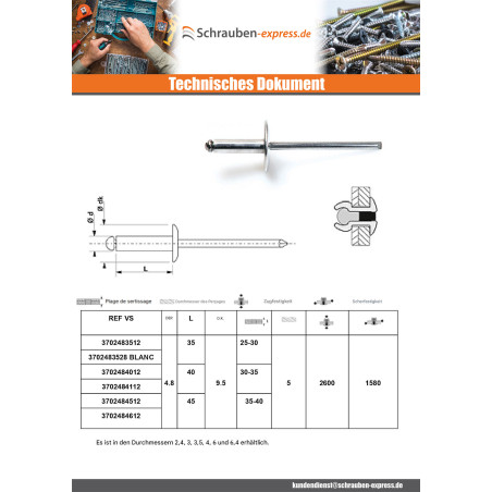 1 x Blindniete Aluminio Vástago acero 4,8 x 45 Standard-Rundkopf AL