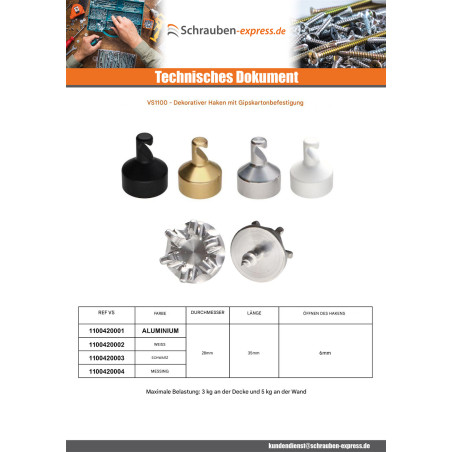 1 x Haken dekorativ Aluminium mit Befestigung für Gipskarton L'ATTACHANTE