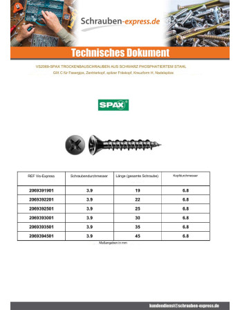 1 x Schraube für Gipsplatte Spax 3,9X30...