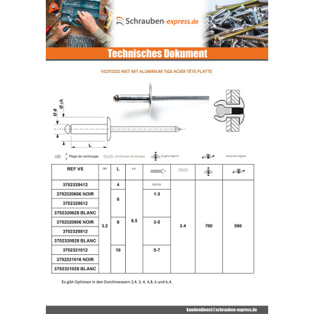 1 x Blindniete Aluminio Vástago acero 3,2 x 18 Klemmdicke 13 für 15 Standard-Rundkopf Schwarz