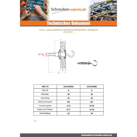 1 x Metalldübel 4X38 für Haken Verzinkt