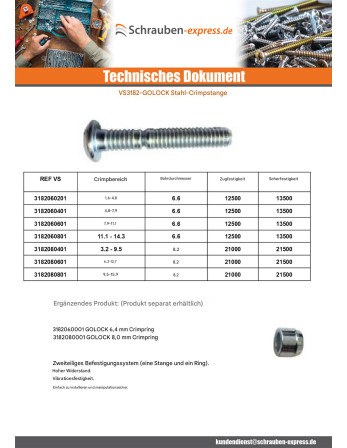 1 x Stange Nieten GOLOCK 6.4 MM Bereich 02...