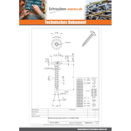 1 x Spanplattenschrauben Flachrundkopfschraube Pozi N°2 4X25 Gesamtgewinde Kopf-Durchmesser 10 Verzinkt