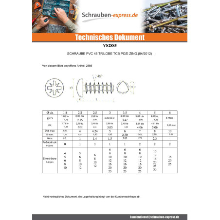 1 x Schraube für Kunststoff TRILOBE Zylindrischer Halbrundkopf Pozi 3x20 FILET45 Verzinkt Mikroschrauben
