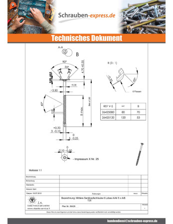 1 x Schraube Medium Senkkopf Gezahnt T25 5X80...