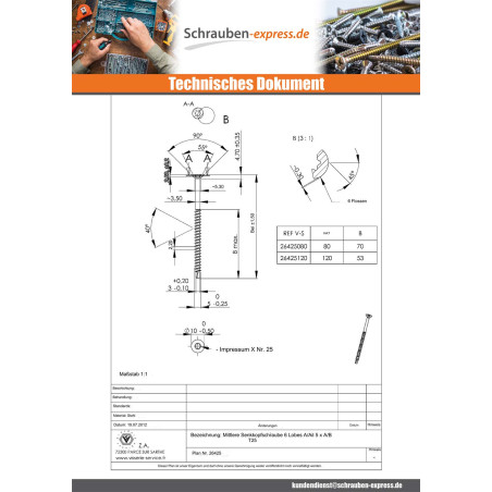 1 x Schraube Medium Senkkopf Gezahnt T25 5X80 Mit Gewinde 53 Verzinkt