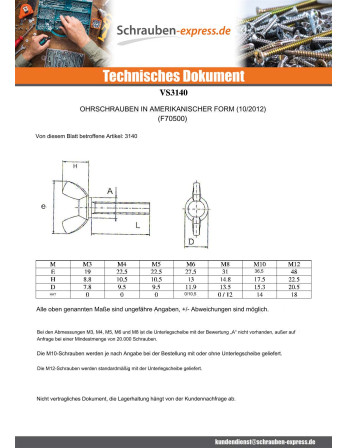 1 x Schraube Flügel M4x15 Amerikanische Form...