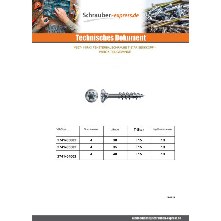 1 x Fensterbauschraube Spax FEX-H Senkkopfschraube T-STAR T15 4X35 WIROX