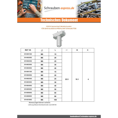 1 x Metallschrauben Hammerkopf M6x15 für 28/15 Profile Klasse 8.8 mit Nuss Rohstahl