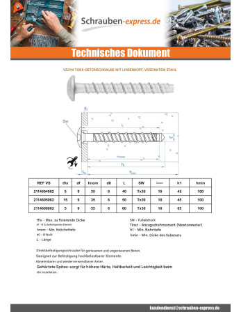 1 x Betonschraube Kopf Flachkopf TORX 6X60...