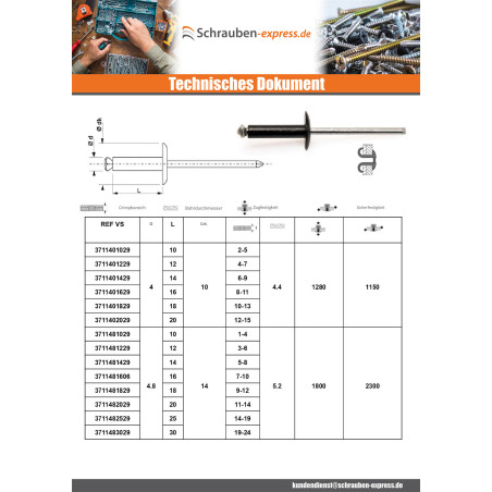 1 x Nieten geschält GOSTAR Aluminium Stahlgewinde 4,8 x 30