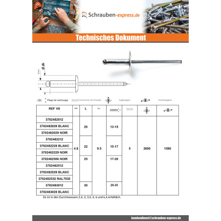 1 x Blindniete Aluminio Vástago acero 4,8 x 65 Klemmdicke 55 für 60 Standard-Rundkopf